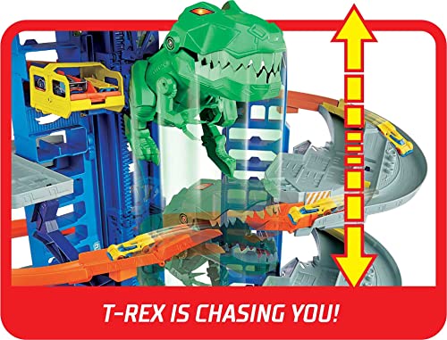 Hot Wheels City Toy Car Track Set, Ultimate Garage with T-Rex Dinosaur, Store 100+ 1:64 Scale Vehicles, 3-ft Tall, with 2 Cars J444