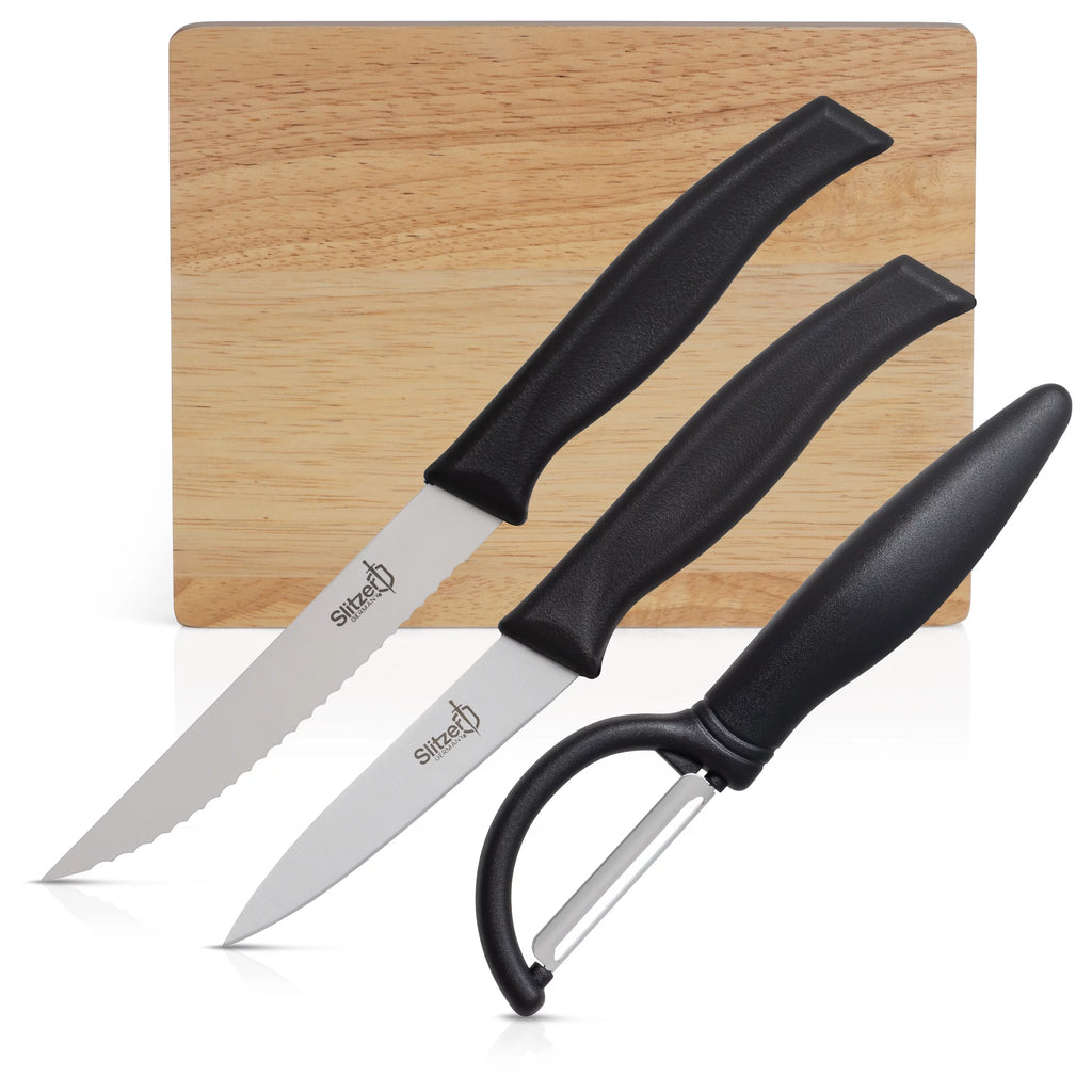 Cutting Board And Knife Set - German Stainless Steel Paring Knife, Utility Knife, Vegetable Peeler, Wooden Chopping Board G58863