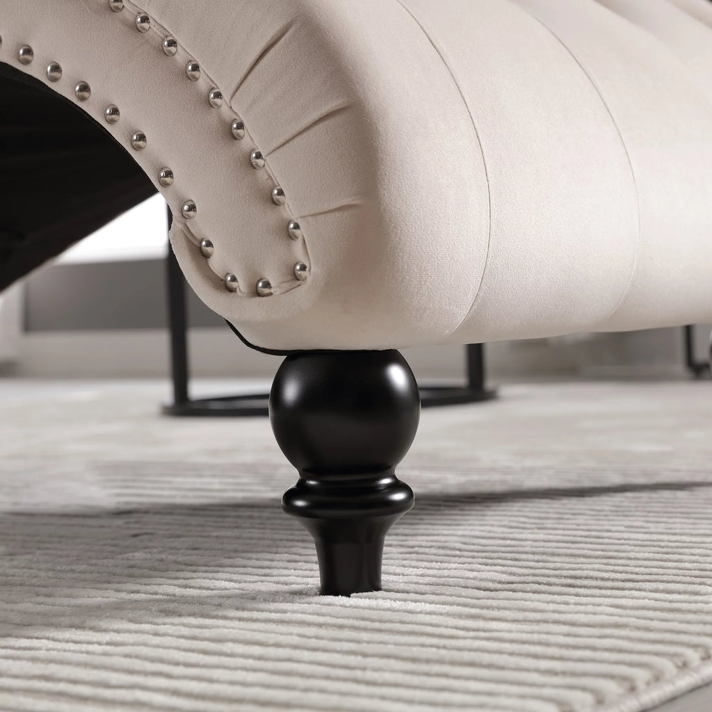 Beige Velvet Tufted Chaise Lounge with Wood Legs N784310