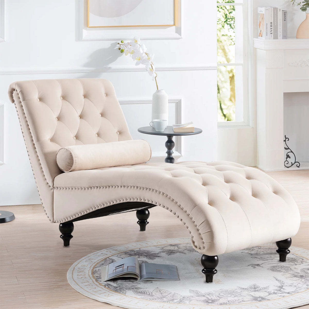 Beige Velvet Tufted Chaise Lounge with Wood Legs N784310