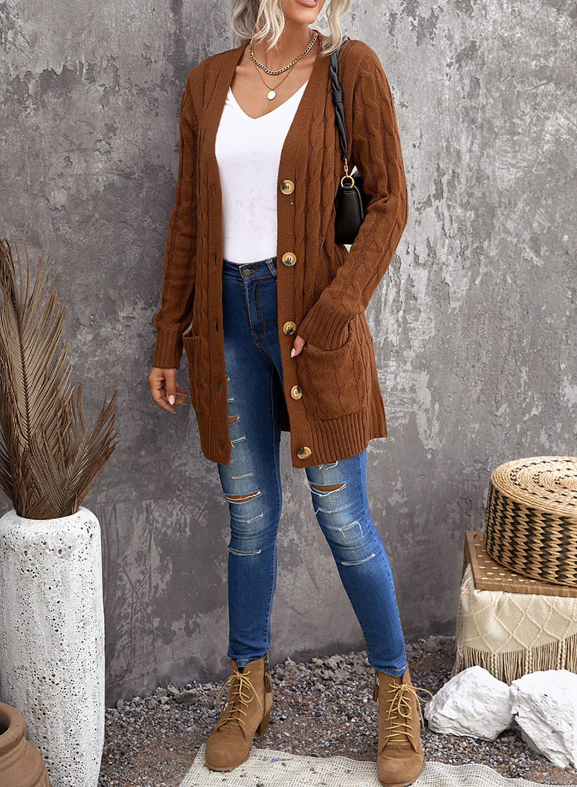 Brown Plus Size Cardigan Coat L60668
