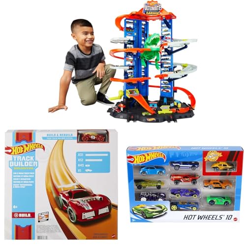 Hot Wheels City Toy Car Track Set, Ultimate Garage with T-Rex Dinosaur, Store 100+ 1:64 Scale Vehicles, 3-ft Tall, with 2 Cars J444
